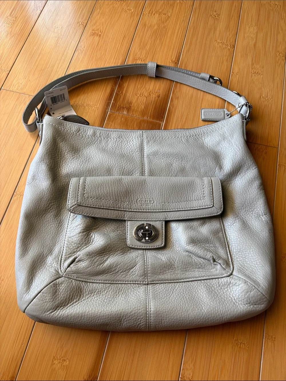 Coach Penelope Light Gray Pebbled Leather Shoulder Bag with Turnlock Pocket